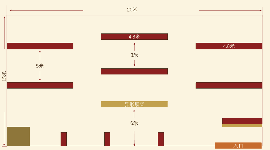 闻韶楼美术厅展厅平面导览图：展厅 20米 × 15米，4.8米标准展架，中心异形展架，右下角主入口